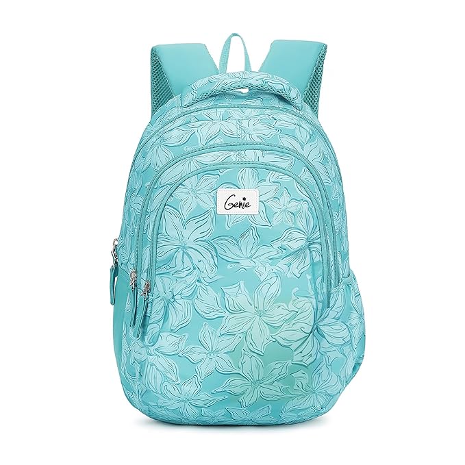 Genie Peony School Bag for Girls. Blue colour backpack for women. More Volume, 3 zips, Stylish & Trendy College Bags for Girls, Water Resistant, Lightweight Bags for Office, Travelling. 36 litres. 19"