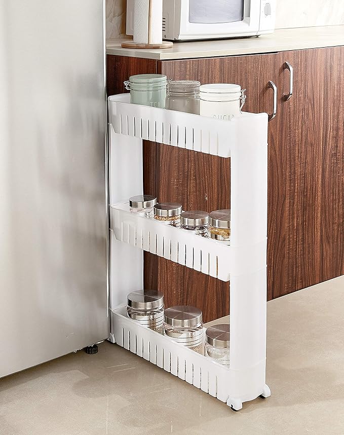 Amazon Basics Slim Rolling Storage Rack – 3-Tiered Shelf Plastic Slide-Out Organizer | Space-Saving, Multipurpose | for Kitchen, Bathroom, Laundry, Pantry & Utility Storage | Floor Standing | White