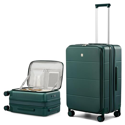 Hanke 67CM Expandable Check-in Trolley Bag, Medium Size Hard Shell Suitcase with Top Opening, Lightweight Durable, Hook Stand Foot, Silent Wheels & Combination Lock, Travel Luggage for Men，Green