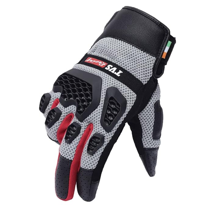 TVS Riding Gloves for Men-Mesh for Ventilation, Bike Riding Gloves with Touch Screen Compatible & Visor Wiper Fingertips, TPR Protection for Knuckles-Premium Bike Gloves for Riding Comfort (Grey-M)