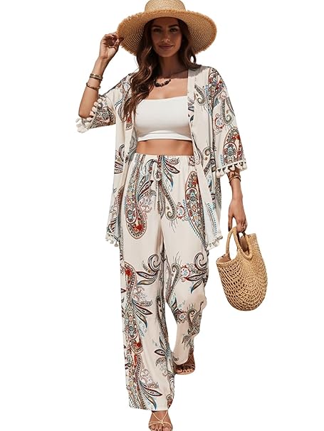 Leriya Fashion Co Ord Set for Women Stylish | Summer Travel Co-Ord Set Short Sleeve Shirt & Wide-Leg Pant | Paisley Printed Stylish Casual Outfit for Summer Cord for Women | Dress for Woman