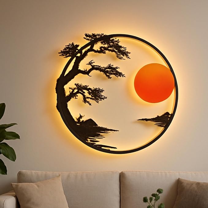 Metal Sunset Serenity LED Wall Art | Abstract Sun Wall Decor | Modern Handcrafted Designer Sun Iron Wall Decor with LED | Perfect for Living Room, Drawing Room, Restaurant (Copper Antique)