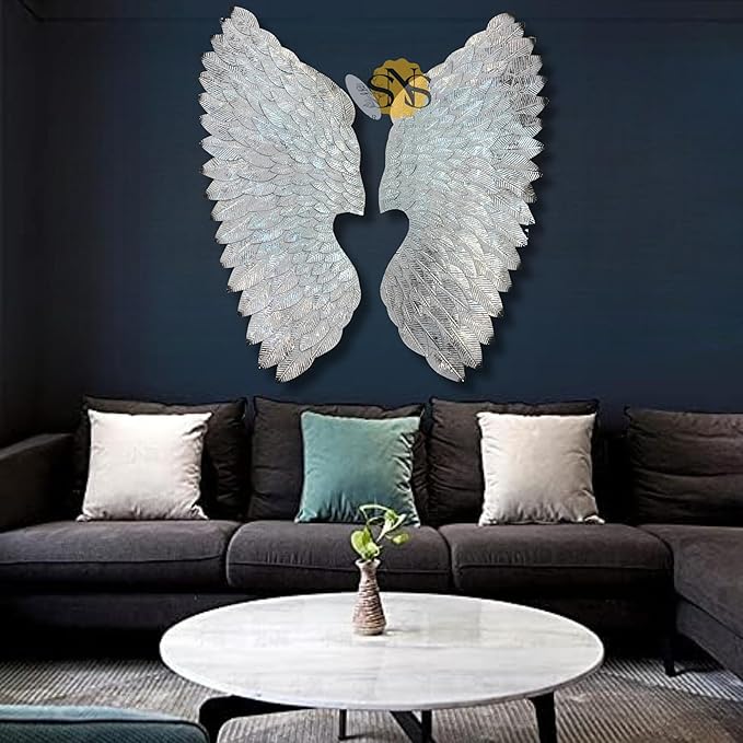 SNS DECOR Luxury Metal Angel Wings Set of 2 | For Selfie Wall Hanging Art | Wall Decor For Restaurant | Hotel | Home | Office | Living Room (Silver)