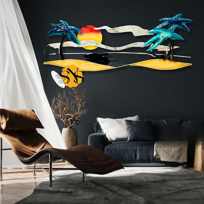 SNS DECOR Tropical Beach Metal LED Wall Art Decorations | Modern Luxury Metal Wall Art Decor For Living Room | Dining Room | Hotel | Restaurant & Office (With LED)