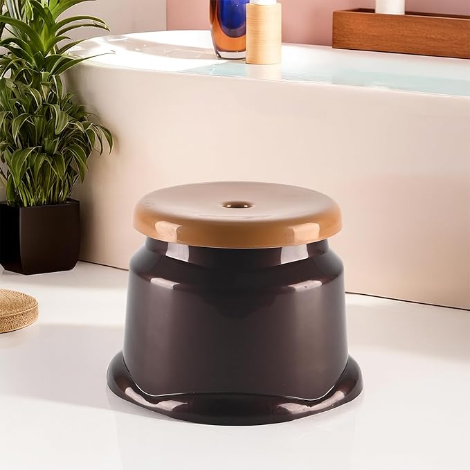 Kuber Industries Heavy Duty Plastic Stool for Sitting & Bathing | Durable Anti-Slip Machiya Comfortable Indoor & Outdoor | Multiple Space Use Home, Kitchen, Bathroom and Living Room | Brown & Ivory