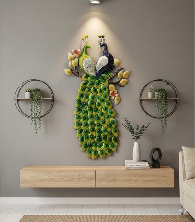 Bharat Art Metal Iron Double Peacock Frame with LED Light Wall Art Decor for Living room Home Bedroom Cafe Interior Decorative | Elegant Wall Hanging Sculpture | Gift Item | 44 x 2 x 24 Inch | WD020