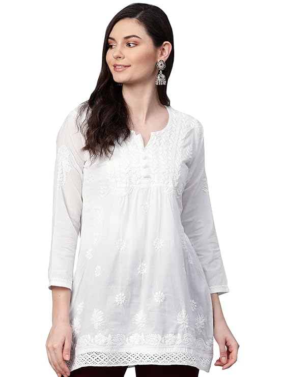 Ada Women's Cotton Regular Fit Tunic Hand Embroidered Lucknow Chikankari Short Kurti Top A208704
