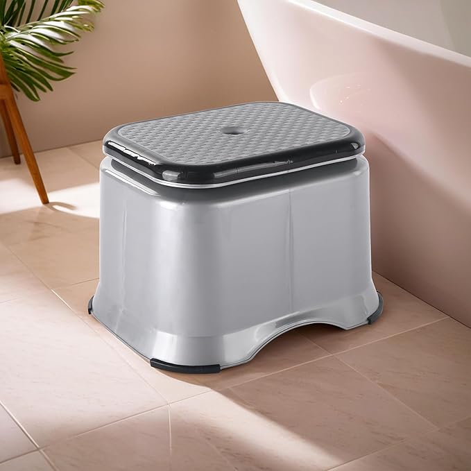 Kuber Industries Plastic Anti-Slip Bathroom Stool For Bathing|Comfortable Indoor & Outdoor Machiya For Sitting|Durable Adults Bath Stool & Patla Chair For Home|Check Ultra 10-Grey