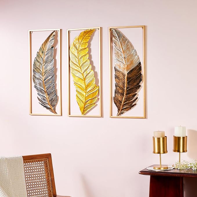 Amazon Brand Solimo Metal Frame Leaf Set of 3 Multicolor Wall Art Decorations – Modern Luxury 3D Sculpture |25L x 2.0W x 63H cm|Multi-Color