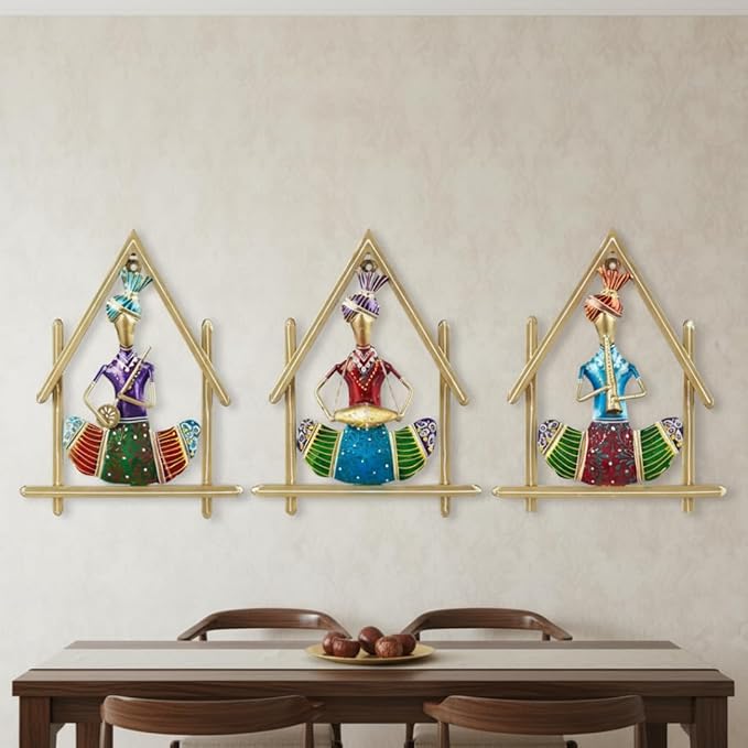 Amazon Brand Solimo Set of 3 Rajasthani Hut Musicians Wall Hangings for Home Decoration, Metal Wall Art Frame Multicolor Wall Sculpture for Living Room (25L X 2W X 31H)