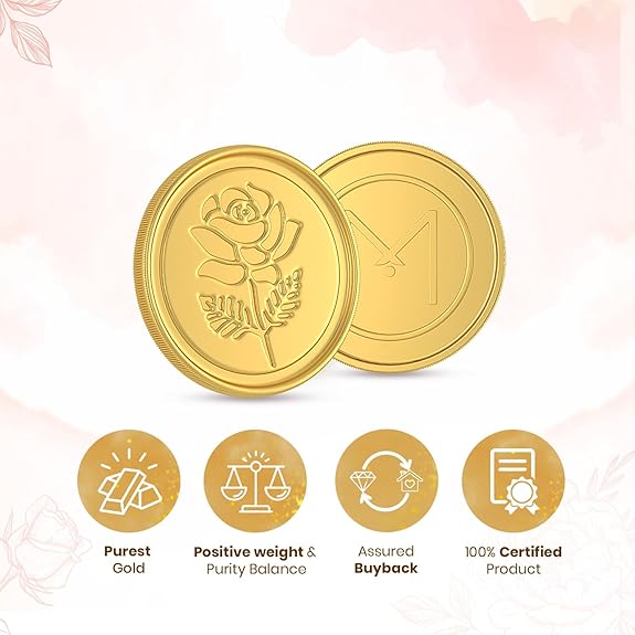 Malabar Gold & Diamonds Gold Coin 24K 1 gram | Gold Coin 24k 999 Purity | 24 kt Gold Coin for Birthday, Wedding & Diwali Gift , Rose Impression