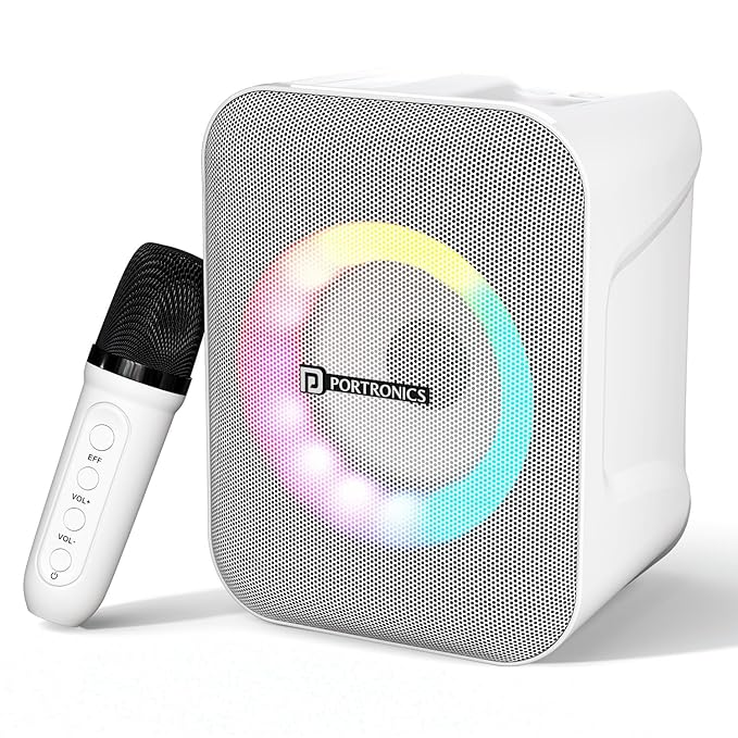 Portronics Apollo One 20W Wireless Bluetooth Portable Speaker with Wireless Karaoke Mic, 5 Hour Playtime, RGB LED Light, Bluetooth V5.3, Easy Grab Handle, USB/AUX in/TF Card, Type C Charging(White)