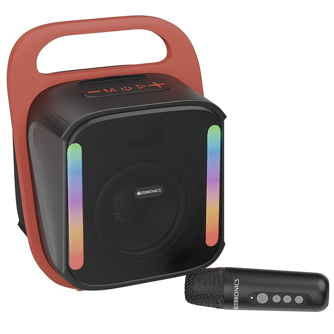 Zebronics Portable BT Speaker, 14W, Upto 4 Hrs Playback, 10.16cm Driver, BT v5.4, USB, mSD, AUX, Splash Proof, Voice Changing Wireless Mic, Carry Handle, Mobile Holder, 6 RGB Modes (Sound Feast 110)