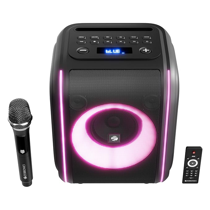 Zebronics 2026 Launch Bluetooth Speaker, 60W Output, 8h Playback, 8-inch Driver, RGB Lights, BT v5.4, USB, mSD, AUX, Type-C Charging, Karaoke, Wireless Mic, TWS, Mobile Holder (Sound Feast 880)