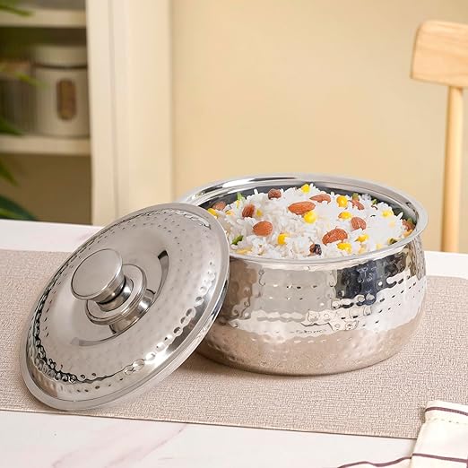 Nestasia Stainless Steel Insulated Casserole with Lid (2000 ml) - 100% Food Safe Hammered Roti Server with Self Locking Lid - Retains Heat & Freshness | Rust Resistant & BPA - Free Chapati Casserole