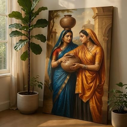Livin'luxe Traditional Indian Women Canvas Wall Painting | Rajasthani Village Art Pot Carrying Ladies HD Printed Canvas with Wooden Frame | Living Room Bedroom Ethnic Home Decor Gift