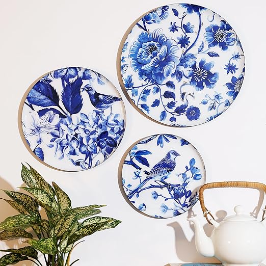 Amazon Basics Metal Decorative Wall Plates | Home Decoration | Flower and Bird Art Design | Living Room Wall Decoration | Décor Items | Gift Items (Multicolour) (Set of 3)