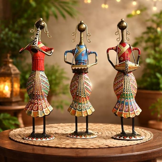 Metal Iron Sardar Lady Musicians Table Decor for Home Bedroom Living Room Office Cafe Decorative | Elegant Artistic Showpiece Sculpture Multicolor | Gift Item | 3.5x3x12 INCH | T045