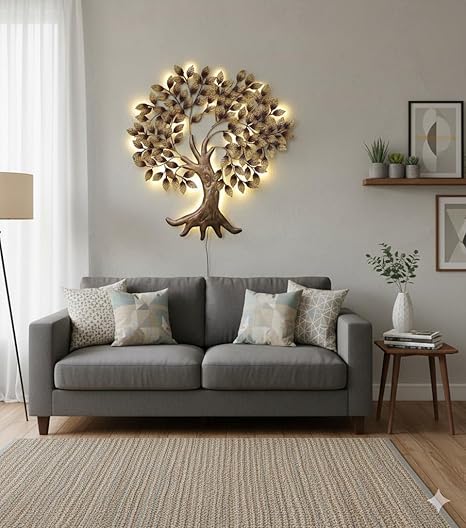 Bharat Art Metal Big Tree Wall Art with LED Light Handcrafted Iron Wall Hanging for Living Room Bedroom Hall Office Entrance | Zora Tree B Golden 45 x 2 x 45 Inch | WD111 (B)