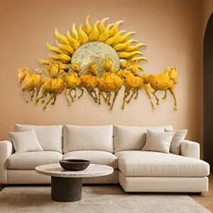 Bharat Art 7 Running Horses BIG Wall Art | Vastu Decorative Metal Wall Hanging Sculpture for Living Room, Bedroom & Office | Elegant Sunrise Design with LED Lighting | 55×3×34 Inch | CW094 (C)