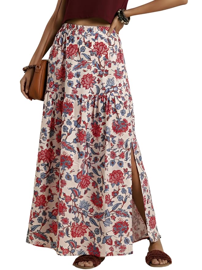 GRECIILOOKS Women's Maxi Skirt for Women High Waist | Long Skirts Rayon Printed | Summer Floral Skirt with Slit | Boho Skirt's