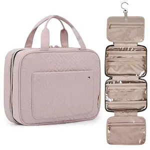 BAGSMART Toiletry Bag Travel Bag with Hanging Hook, Water-Resistant Makeup Cosmetic Bag Travel Organizer for Accessories, Shampoo, Full-Size Container, Toiletries, Baby Pink, Large, Travel