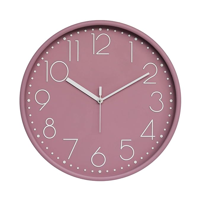 Amazon Brand - Solimo 12-Inch Quartz Plastic Analog Wall Clock | Silent Sweep Movement | Pastel Shade | Embossed Numbers | Glass Cover | Pink | Contemporary Design