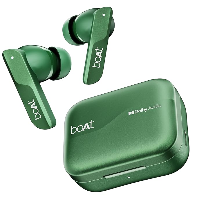 Boat Airdopes 800, Dolby Audio, Adaptive EQ by Mimi, 4Mics AI ENx, App Support, Fast Charge, Low Latency, IPX5, v5.3 Bluetooth TWS in Ear Earbuds Wireless Earphones with mic (Interstellar Green)