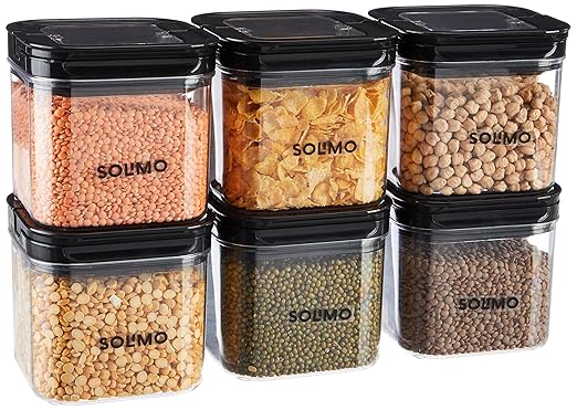 Amazon Brand - Solimo Airtight Plastic Storage Jar and Container Set-I | BPA Free | Multipurpose Storage | 750ml each, Set of 6 (Black)