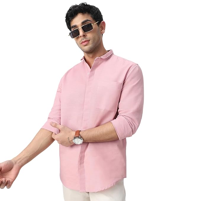 Urbano Fashion Men's Cotton Full Sleeve Regular Fit Casual Solid Shirt with Band Collar
