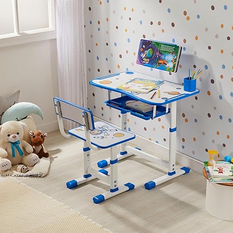 Amazon Brand - Supples Study Table for Kids | Suitable for 3-12 Years | Kids Study Table with Height Adjustable Table & Chair, Book Storage & Pen Holder | Blue | Astronaut Print