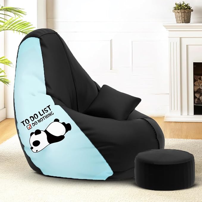 Amazon Brand - Solimo Premium Faux Leather Bean Bag Combo with Footrest & Cushion, Filled with Beans | Capacity: Upto 6 Ft 3 in Height, 120 KG Weight | 3XL | to Do List Print |Black