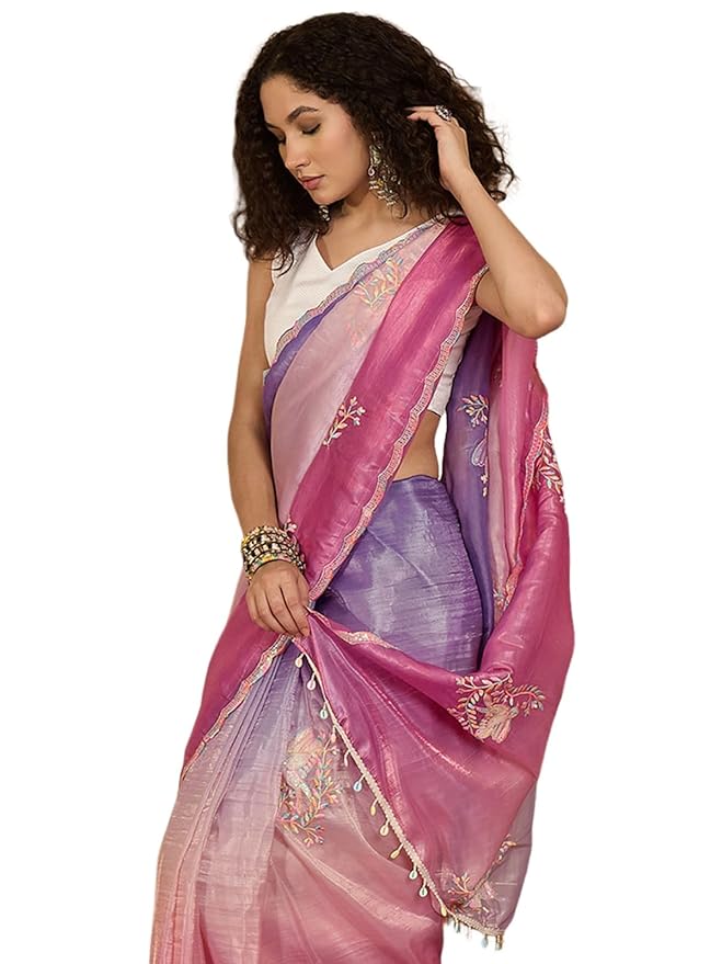 SIRIL Women's Tissue Silk Omber Sequins Embroidery Saree with Unstitched Blouse Piece