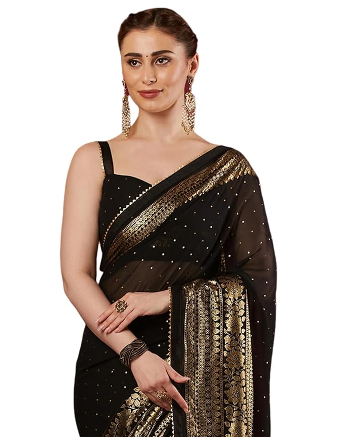 SIRIL Women's Georgette Foil Printed Saree with Unstitched Blouse Piece