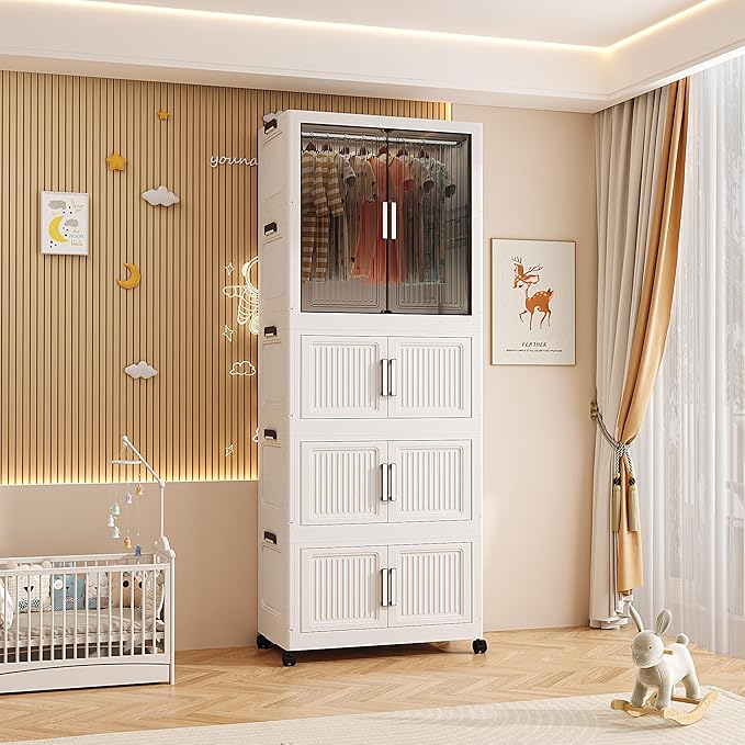 Mevigo 4-Door Plastic Wardrobe for Kids| Almirah and Wardrobe for Baby Clothes| Modular Storage Cabinet with Wheel Organizer for Cupboard Rack for Clothes/Shoes/Books/Toy-Whhite-713