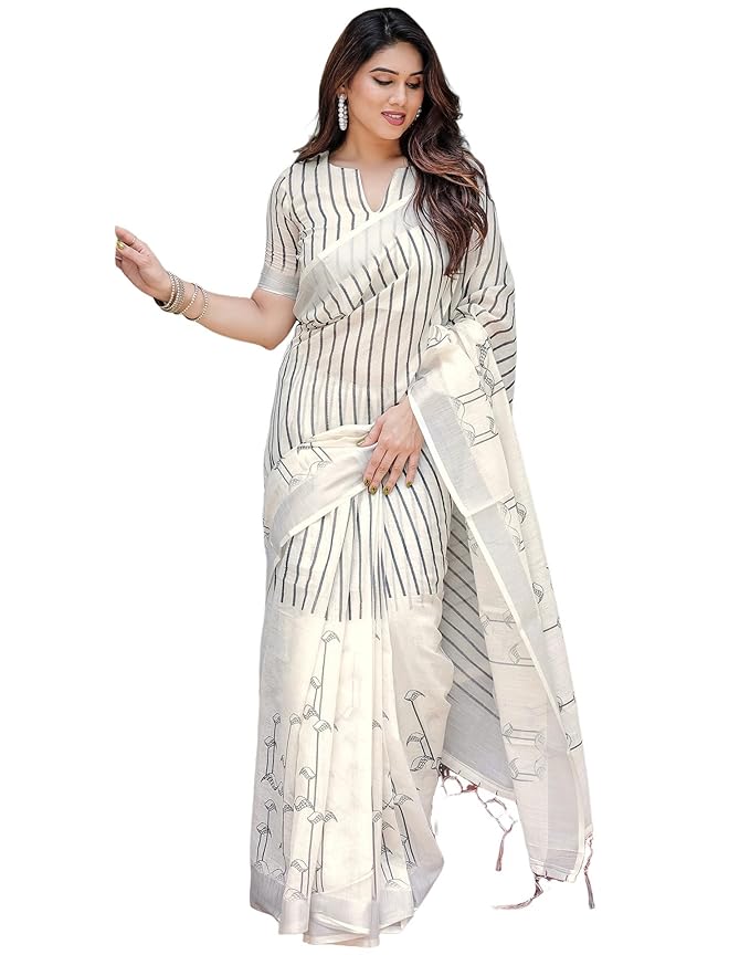 SIRIL Women's Cotton Linen Printed Saree with Unstitched Blouse Piece