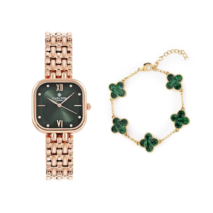 Carlton London Women Green Dial Watch and Bracelet | Stainless Steel, Premium, Stylish Analog Wrist Watch with Golden Strap & Bracelet Set, Elegant Quartz Timepiece | Water Resistant | Luxury Square Watch Gift Set