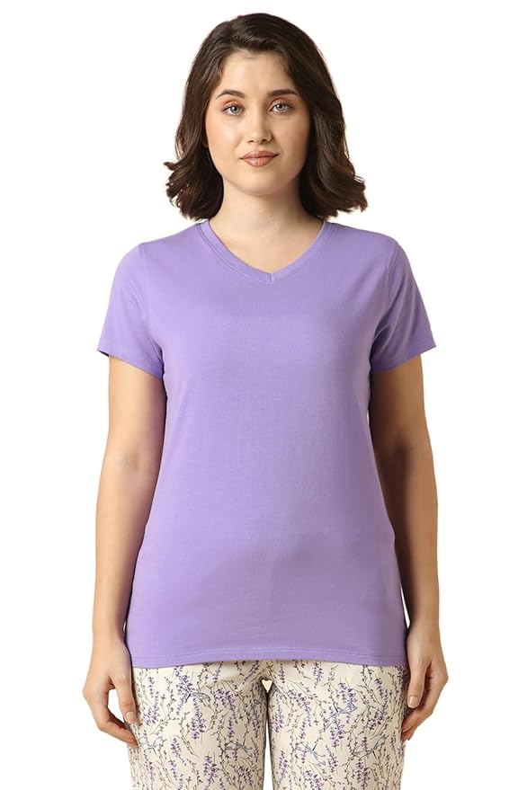 Van Heusen Women Lounge T-Shirt - Super Combed Cotton Elastane - V-Neck, Short Sleeve, Short Sleeve, Reflective Trim
