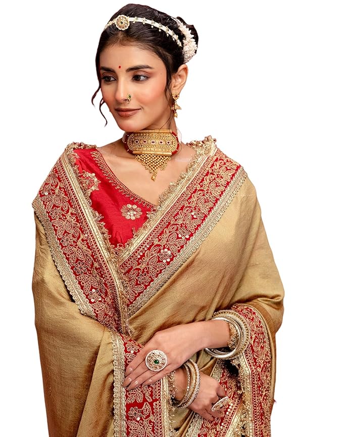 SIRIL Women's Vichitra Silk Sequins Embroidery Lace Saree With Unstitched Blouse Piece