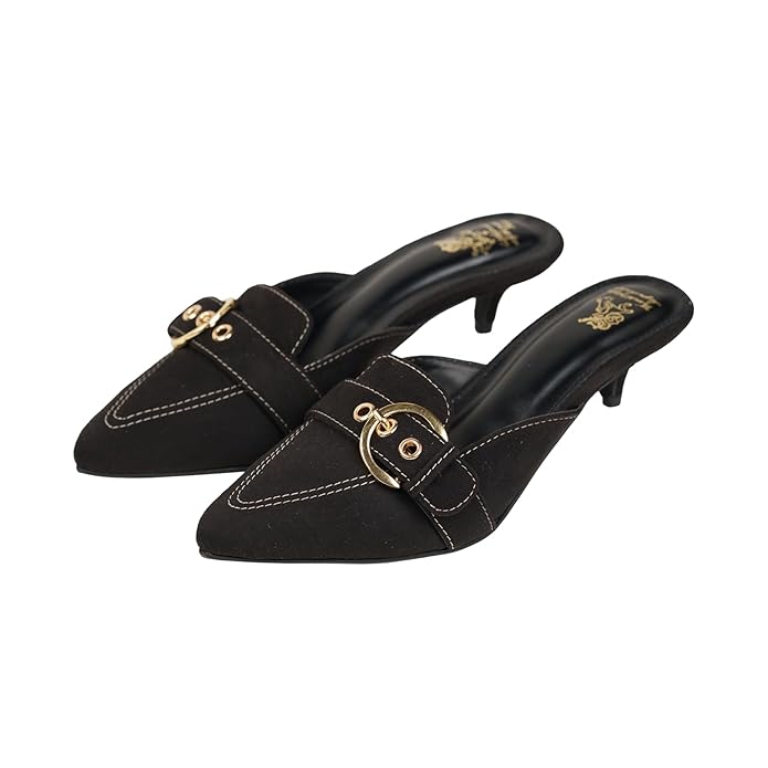 Theater Women Pointed-Toe Mule Heels | Slip-On Kitten Heels with Gold Buckle | Elegant & Comfortable Sandals for Work, Office & Smart Casual Wear