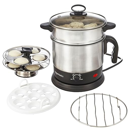 Amazon Basics Multi-Kettle Steamer 1.2L | Adjustable Power Modes 600 W | 7 - Egg Tray, Idli Tray, Iron Grill And Steamer | SS 201 Steel | Automatic Overheat Protection | Multipurpose Kettle