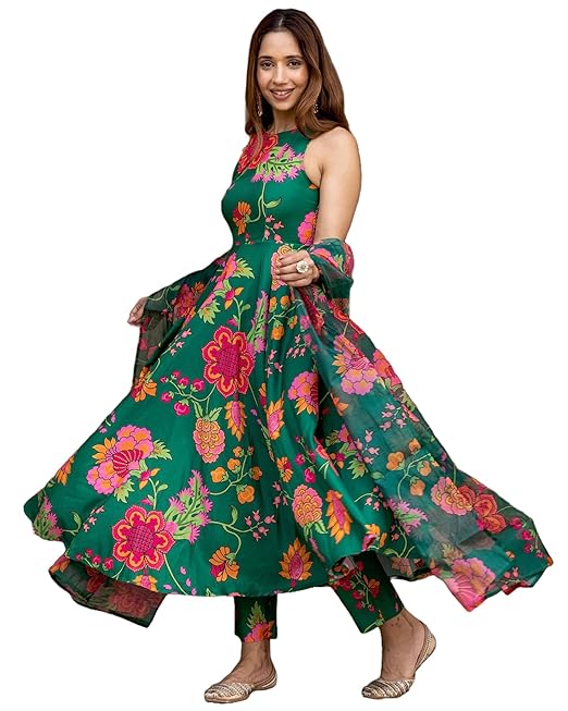 GoSriKi Women's Cotton Blend Printed Anarkali Kurta with Pant & Dupatta