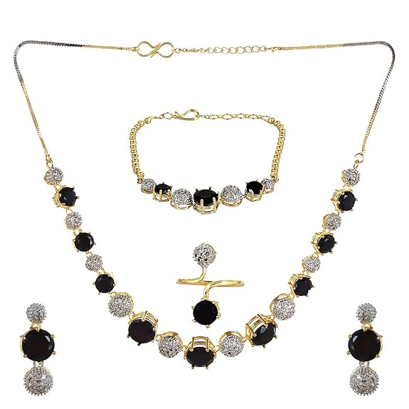 YouBella Jewellery Set for Women American Diamond Combo of Choker Necklace Set with Earrings, Bracelet and Ring for Girls and Women