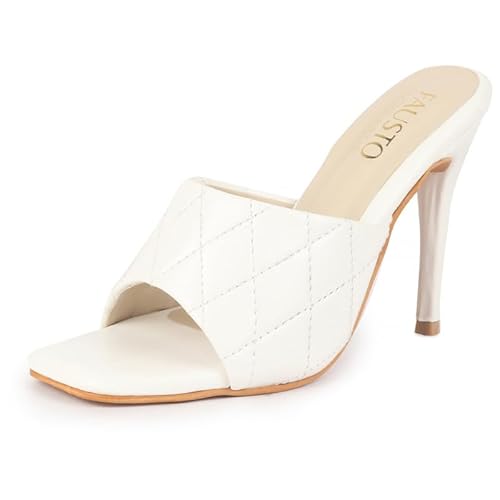 FAUSTO Women Open Toe Quilted Stiletto Heel Slip-On Slipper Sandals | Soft Padded Insole | Semi Formals Outfit Sandals