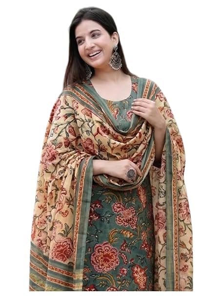 GoSriKi Women’s Rayon Blend Printed Straight Kurta with Pant & Dupatta | Three Piece Ethnic Set | Comfortable Traditional for Office, Daily & Festive Use