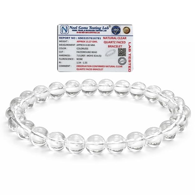 REBUY Clear Quartz Bracelet for Men & Women Original | Natural Lab Certified Quartz Stone | Reiki Healing Energy for Positivity, Clarity & Protection | 8mm Stretch Beads (Pack of 1)