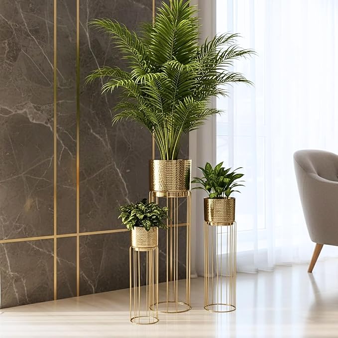 BEHOMA Gold Plated Metal Floor Planters with Stands (Set of 3), Modern Tall Planter for Home Decor, Decorative Plantpot for Living Room Balcony Office, Big Plant Stand with Pots (Plants not Included)