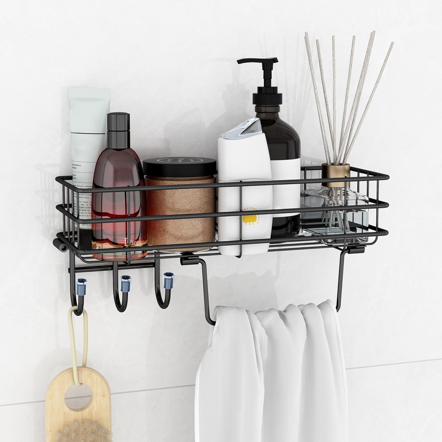 Plantex Self Adhesive Bathroom Shelf/GI Steel Bathroom Shelf with Hook and Napkin Holder/Bathroom Organizer Without Drill/3 in 1 Wall Adhesive Shelf/Bathroom Accessories Set-(Black)