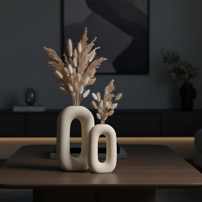 PUREZENTO White Ceramic 'Polo Donut Vase' Set of 2 (9 & 8 Inches) | Decorative Donut Ring Vase for Dried Flowers and Pampas Grass | Vases for Home Decor, Living Room, Office Decor Ideas