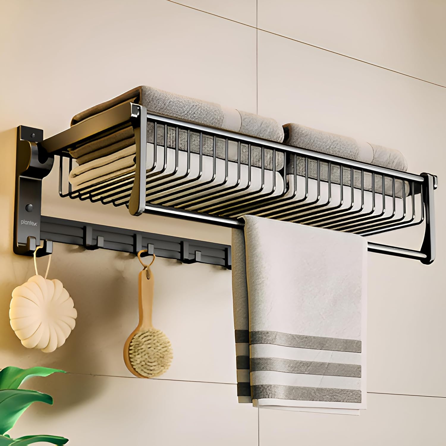 Click to see full view   VIDEO     4+ Plantex Aluminum Folding Towel Holder Rack for Bathroom, Rod with Hooks and Accessories, Black, 24 inches